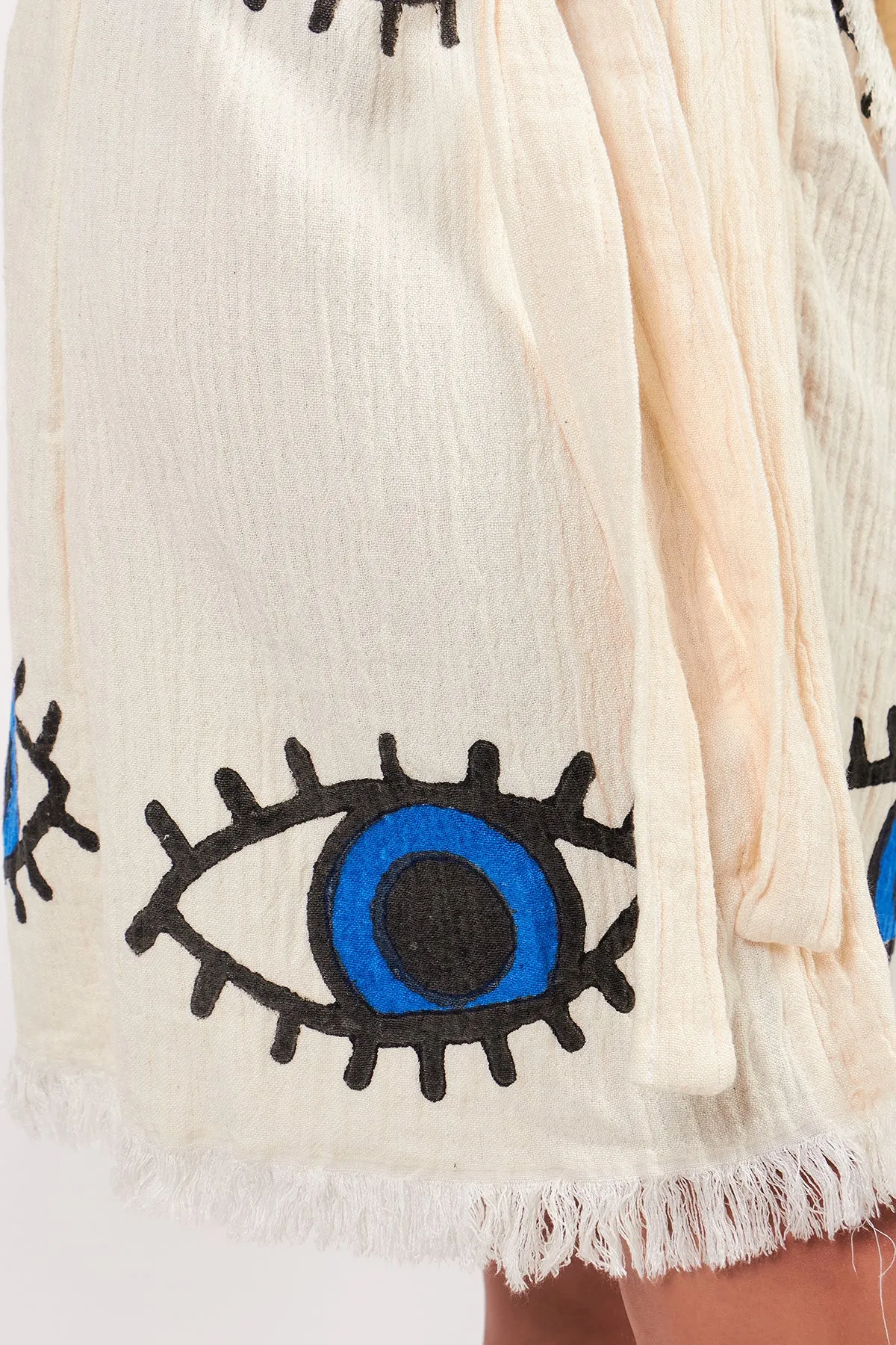 Turkish Towel Kimono Bathrobe Evil Eye Design Ecru