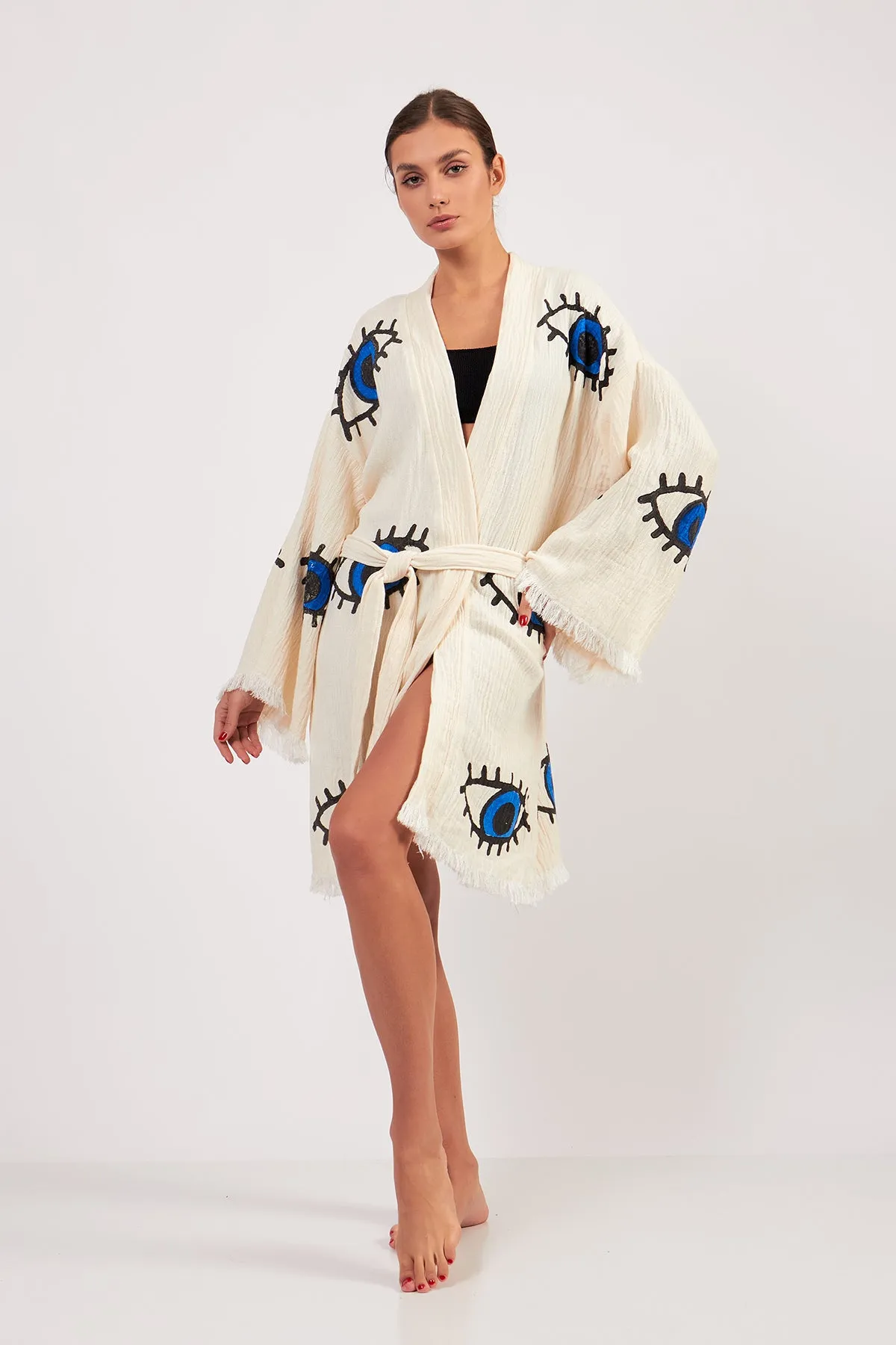 Turkish Towel Kimono Bathrobe Evil Eye Design Ecru