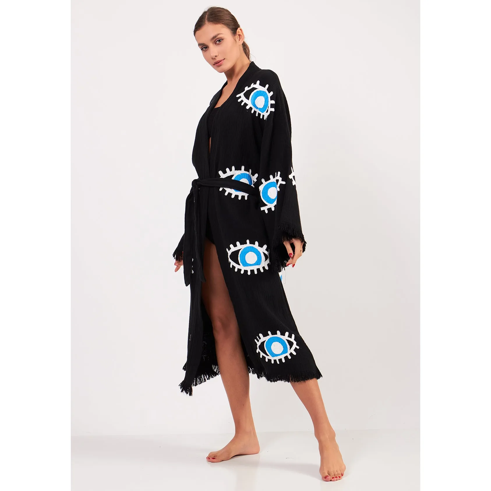 Turkish Towel Kimono Bathrobe Eye Design Black