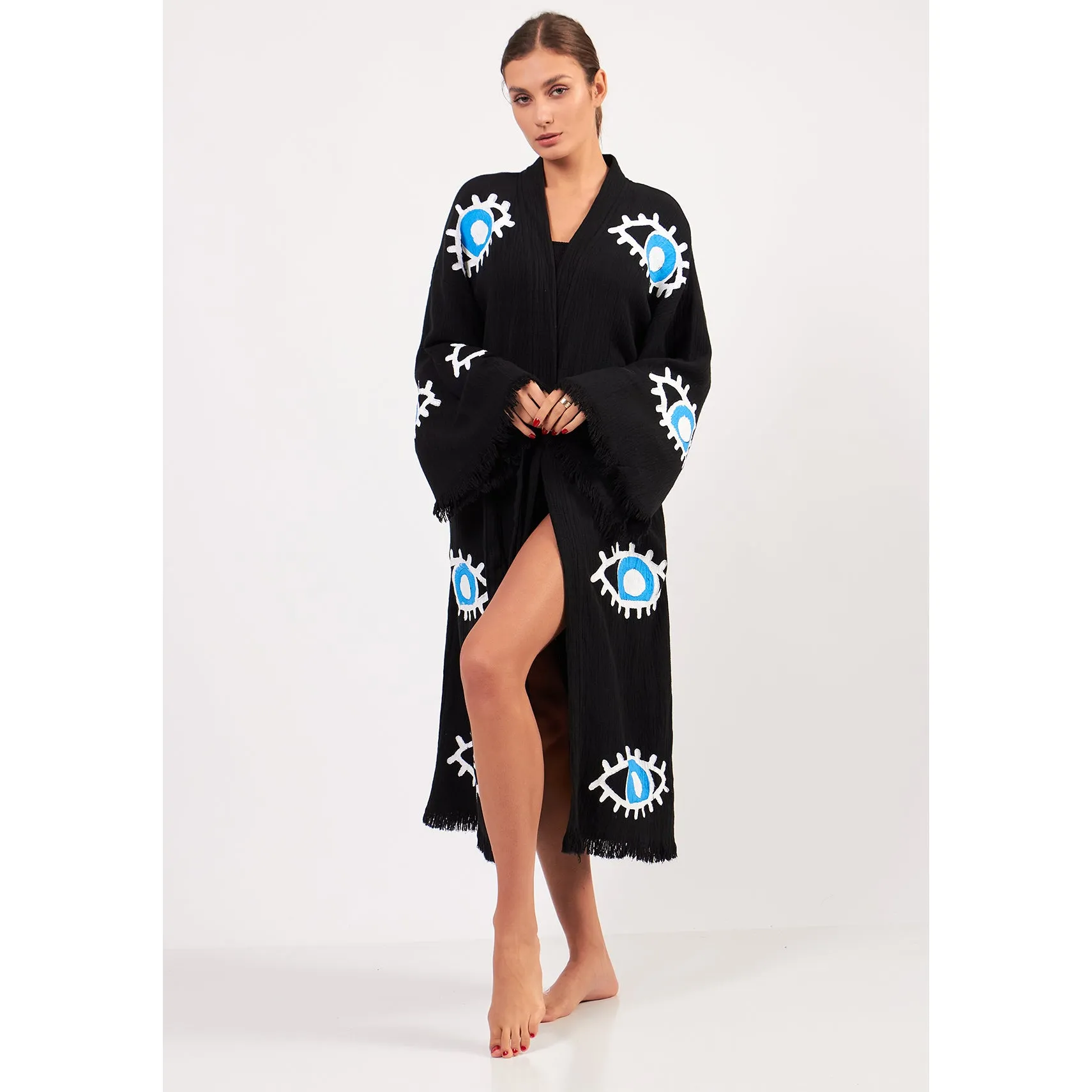 Turkish Towel Kimono Bathrobe Eye Design Black