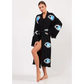 Turkish Towel Kimono Bathrobe Eye Design Black