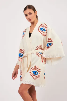 Turkish Towel Kimono Bathrobe Eye Design Ecru