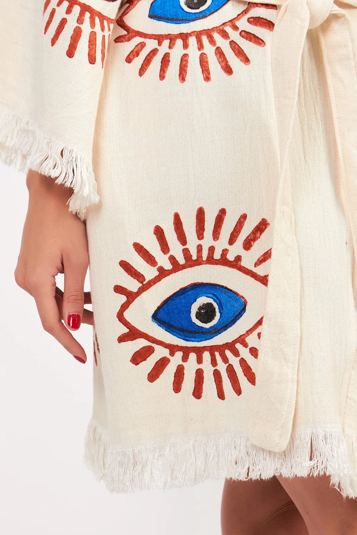 Turkish Towel Kimono Bathrobe Eye Design Ecru