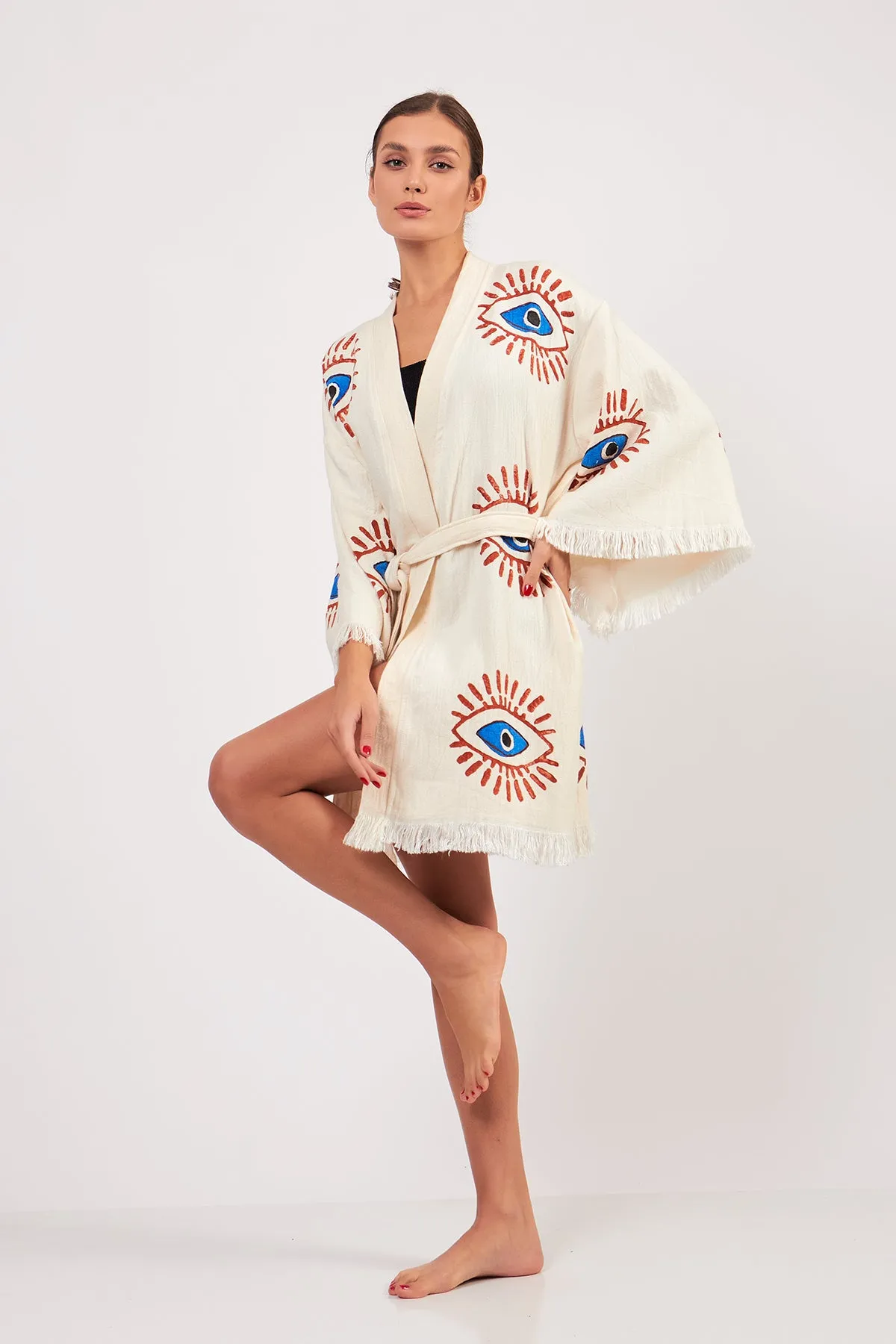 Turkish Towel Kimono Bathrobe Eye Design Ecru