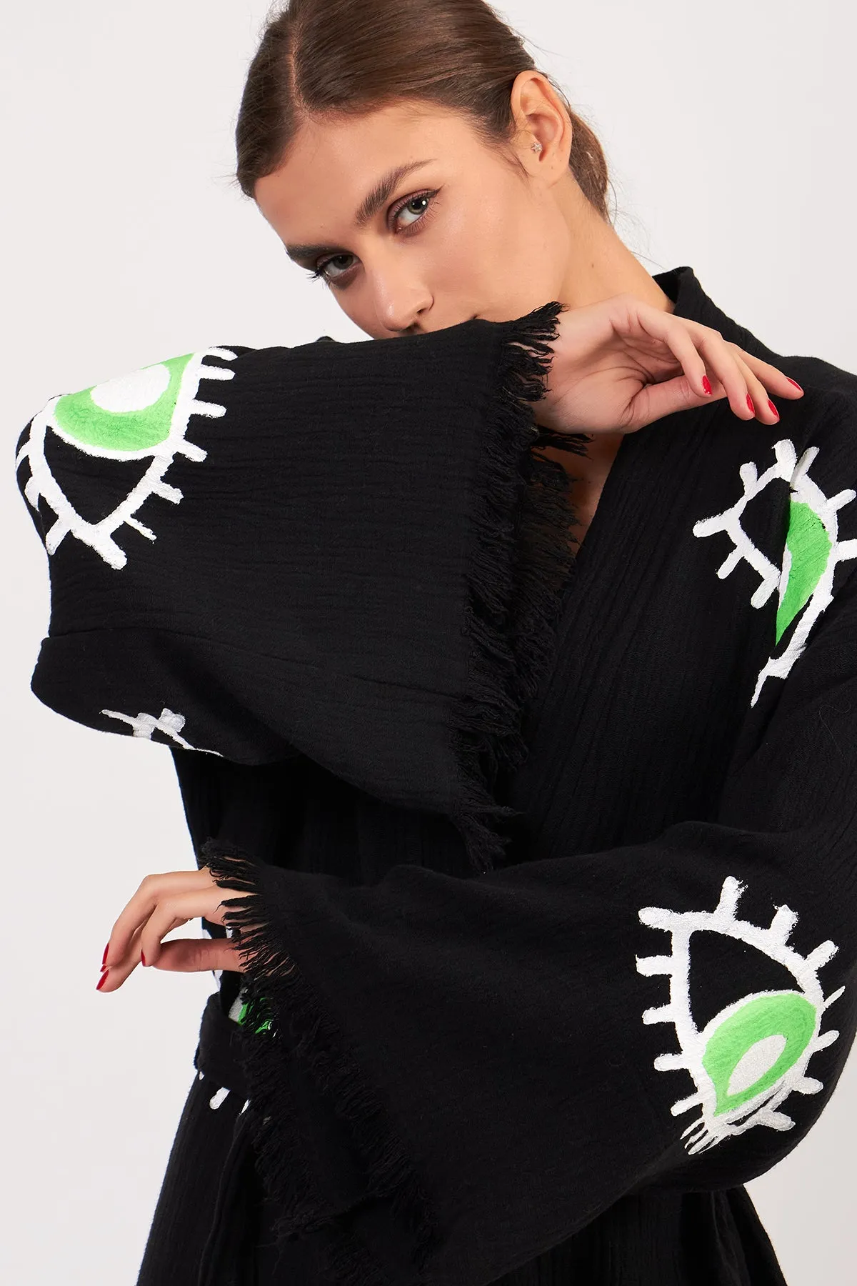 Turkish Towel Kimono Bathrobe Eye Design Green on Black