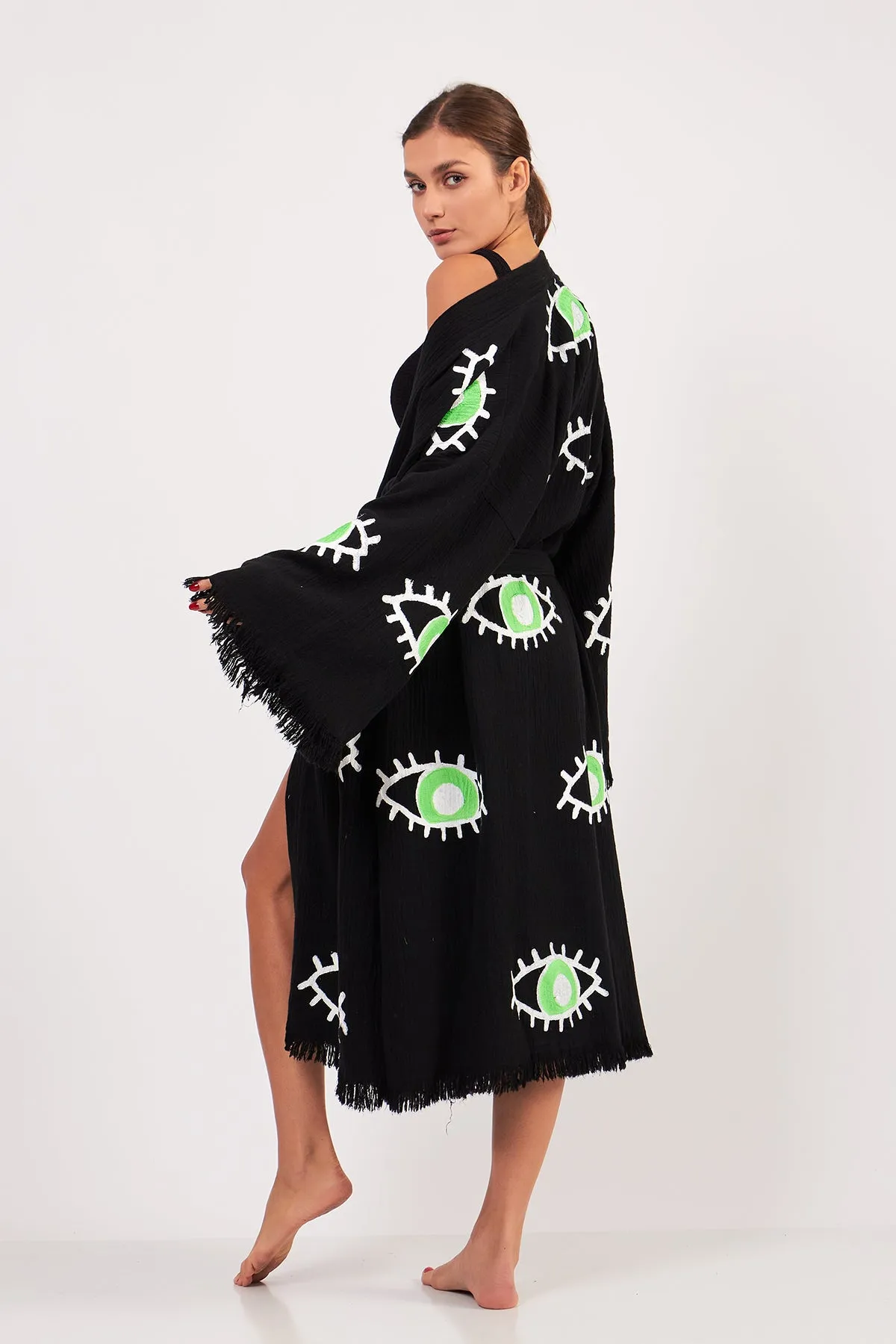 Turkish Towel Kimono Bathrobe Eye Design Green on Black