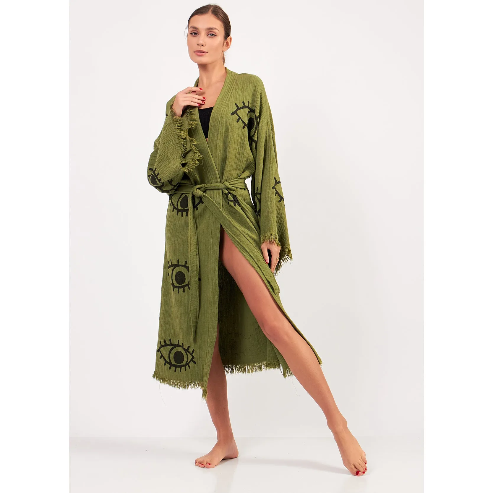 Turkish Towel Kimono Bathrobe Eye Design Green