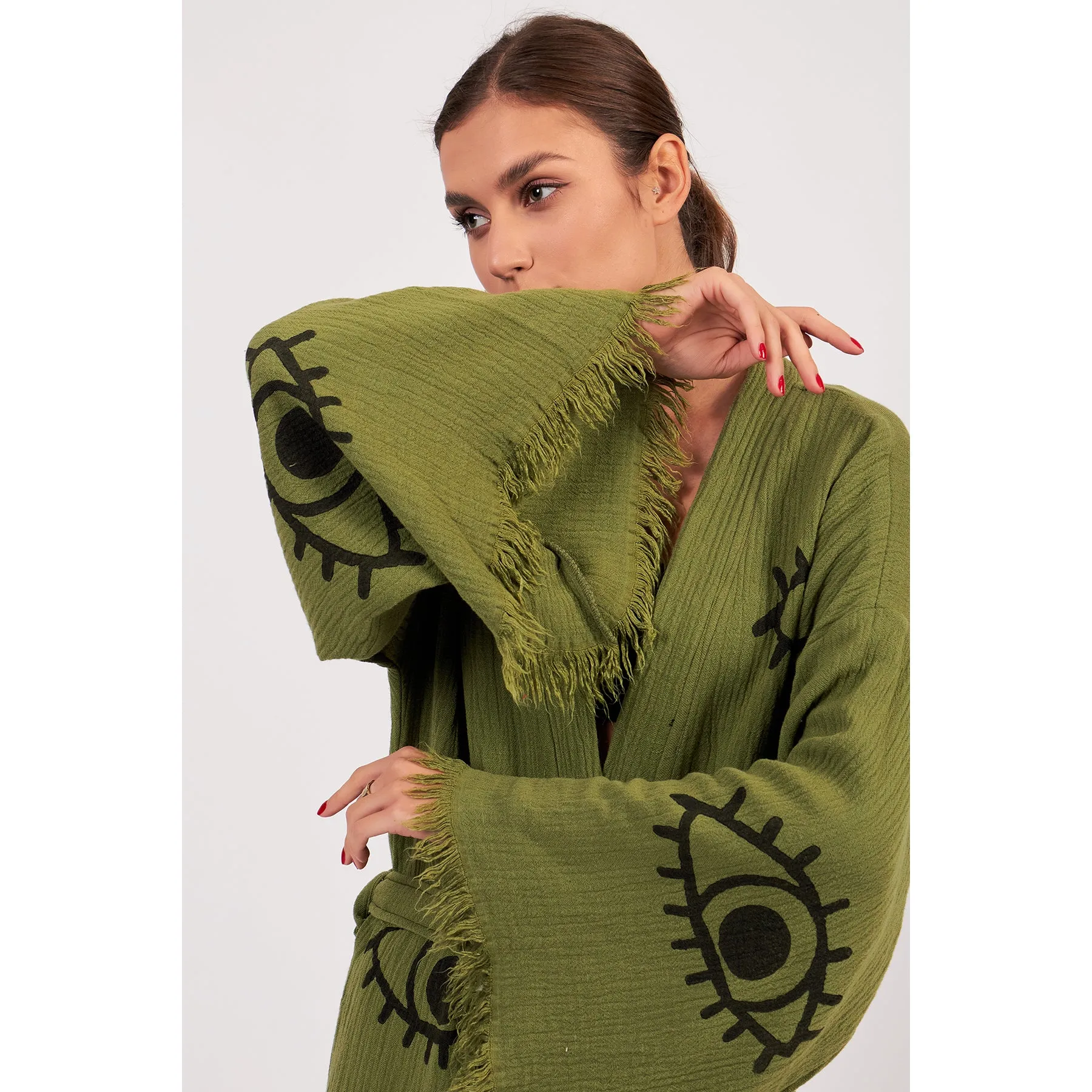 Turkish Towel Kimono Bathrobe Eye Design Green