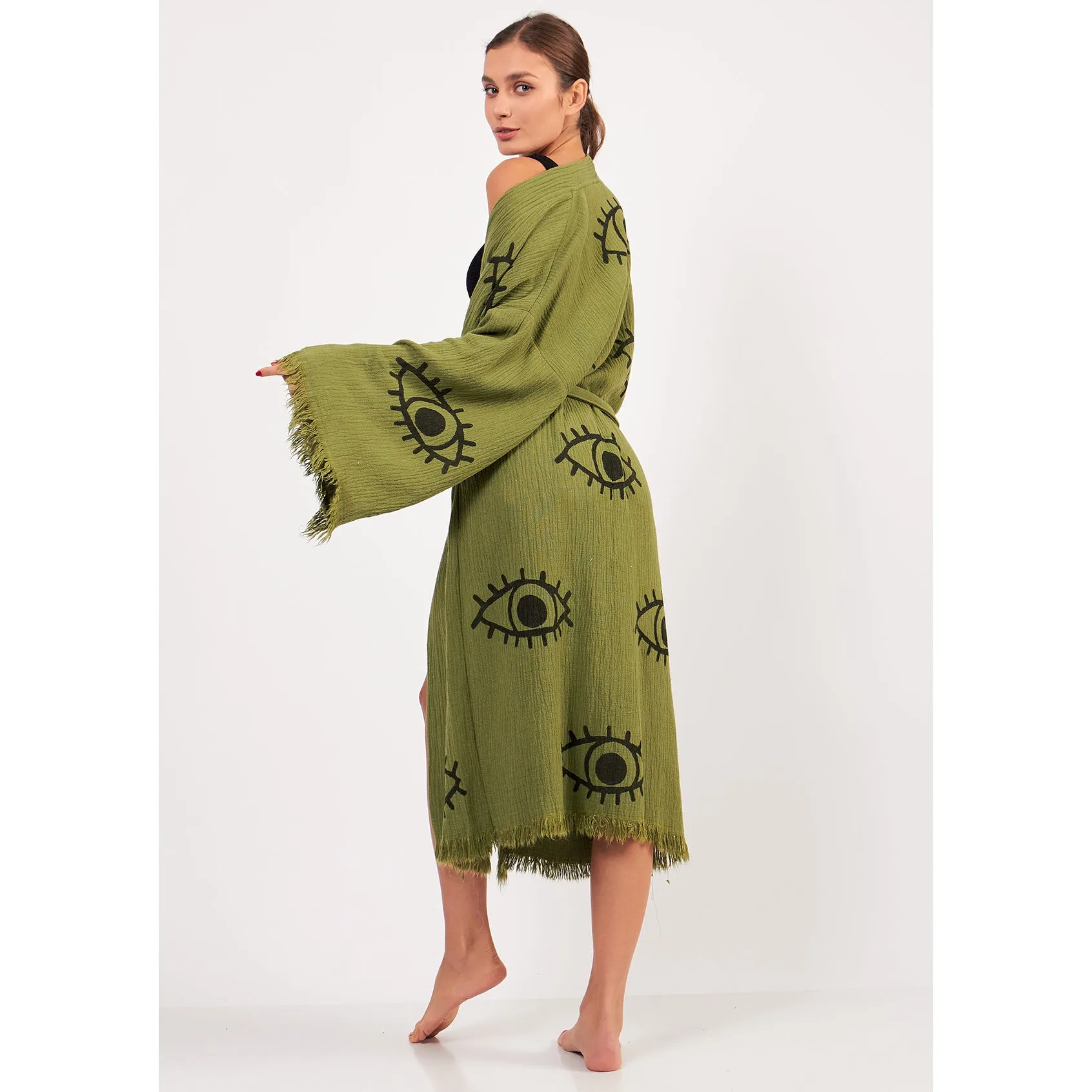 Turkish Towel Kimono Bathrobe Eye Design Green