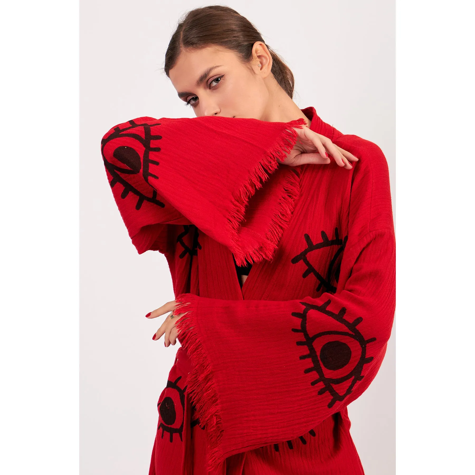 Turkish Towel Kimono Bathrobe Eye Design Red