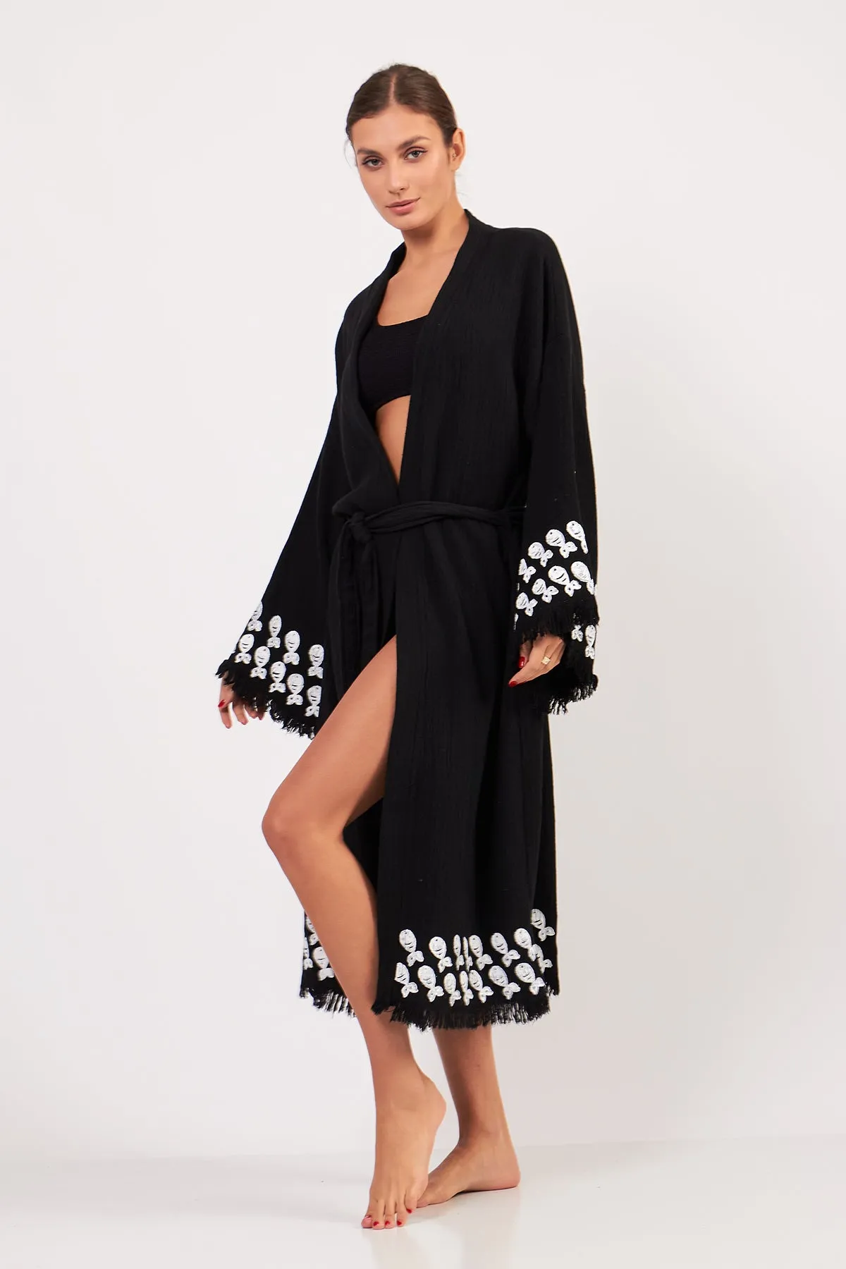 Turkish Towel Kimono Bathrobe Fish Design Black