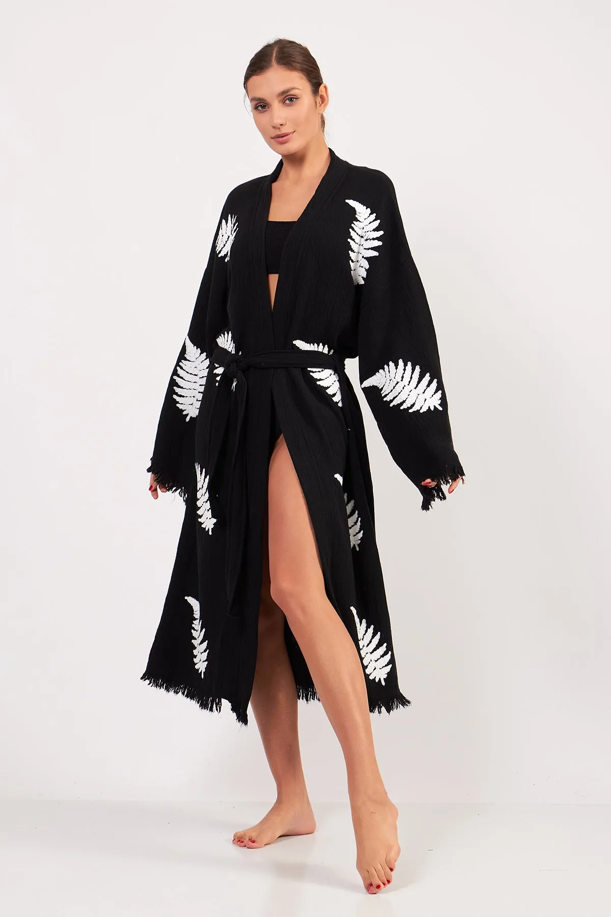 Turkish Towel Kimono Bathrobe Leaves Design Black