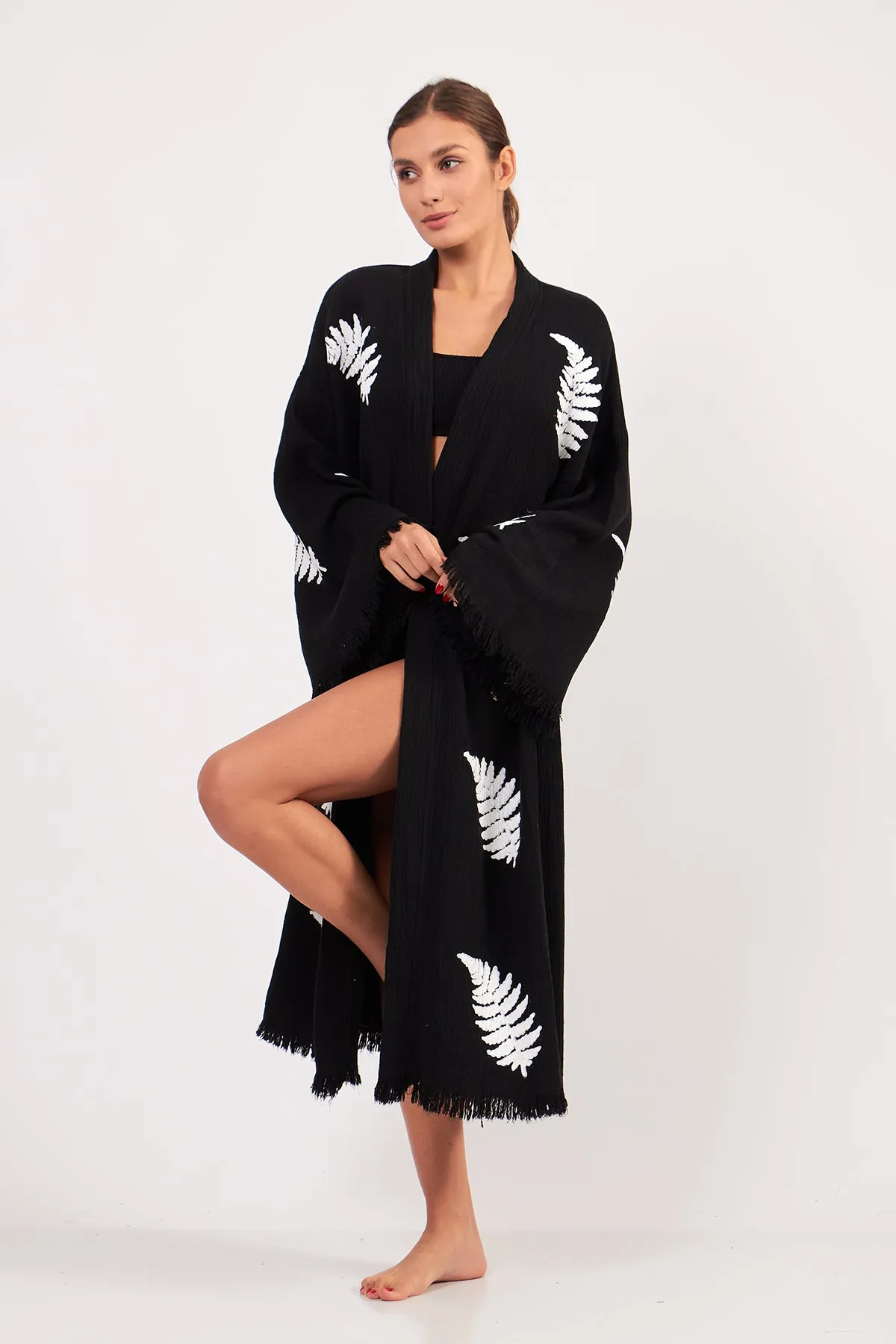 Turkish Towel Kimono Bathrobe Leaves Design Black