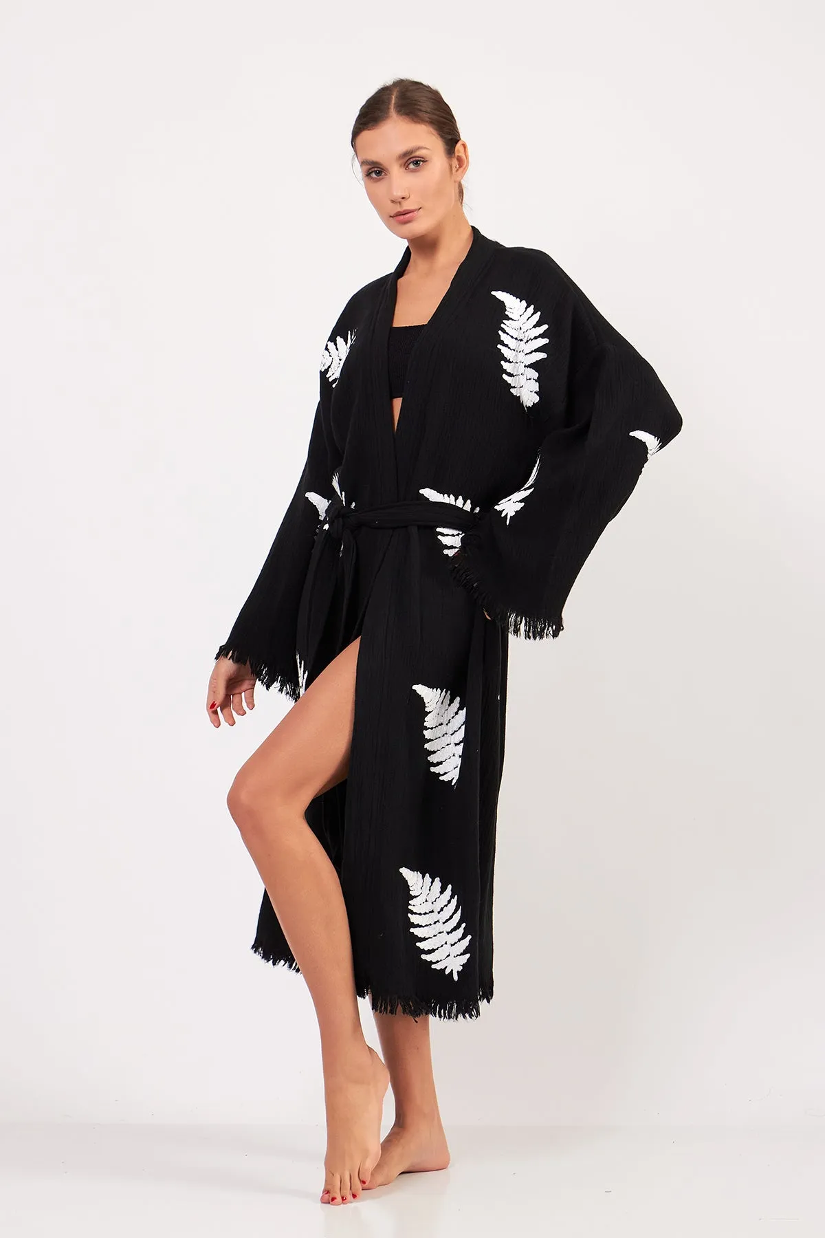 Turkish Towel Kimono Bathrobe Leaves Design Black