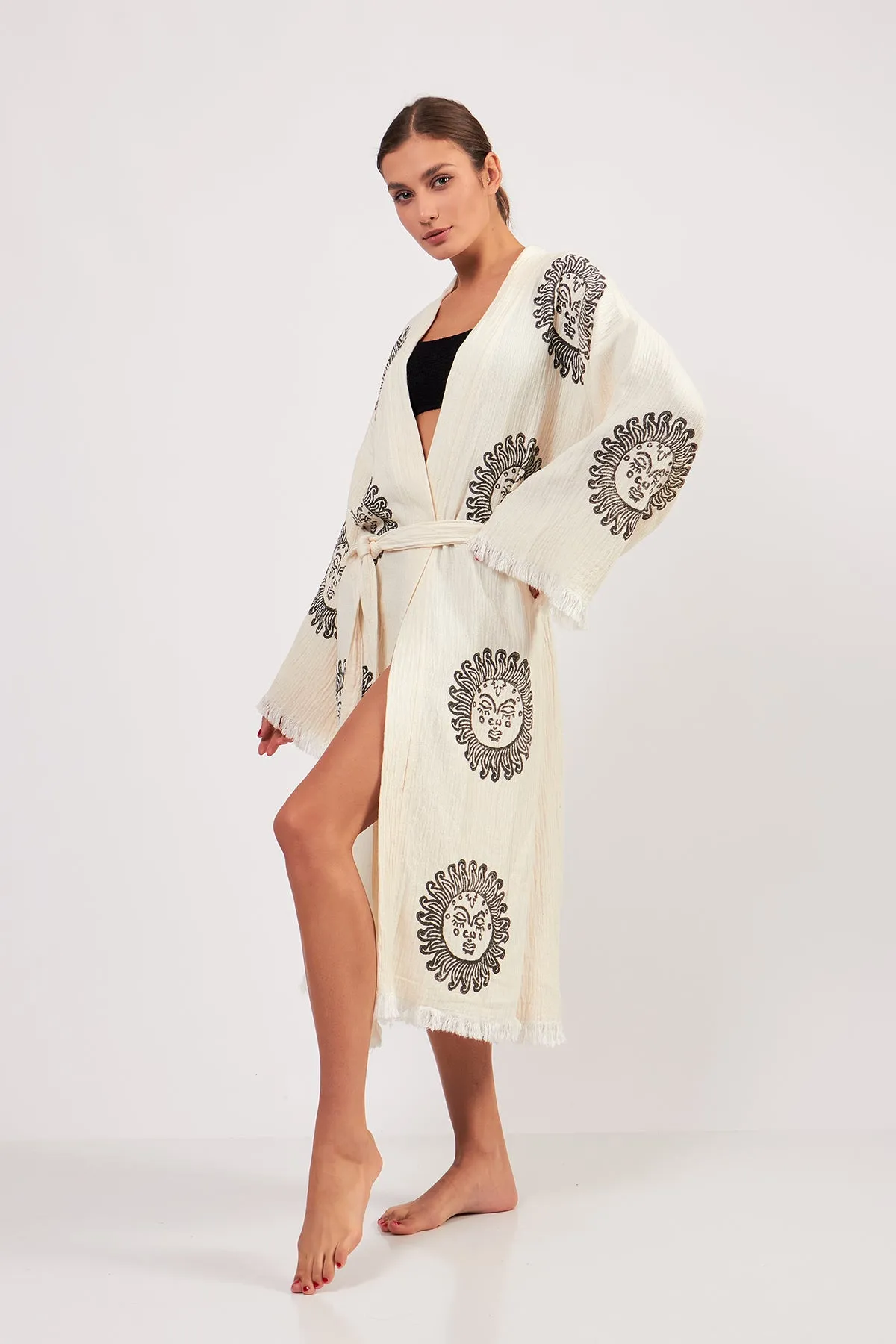 Turkish Towel Kimono Bathrobe Sun Design Black on Ecru