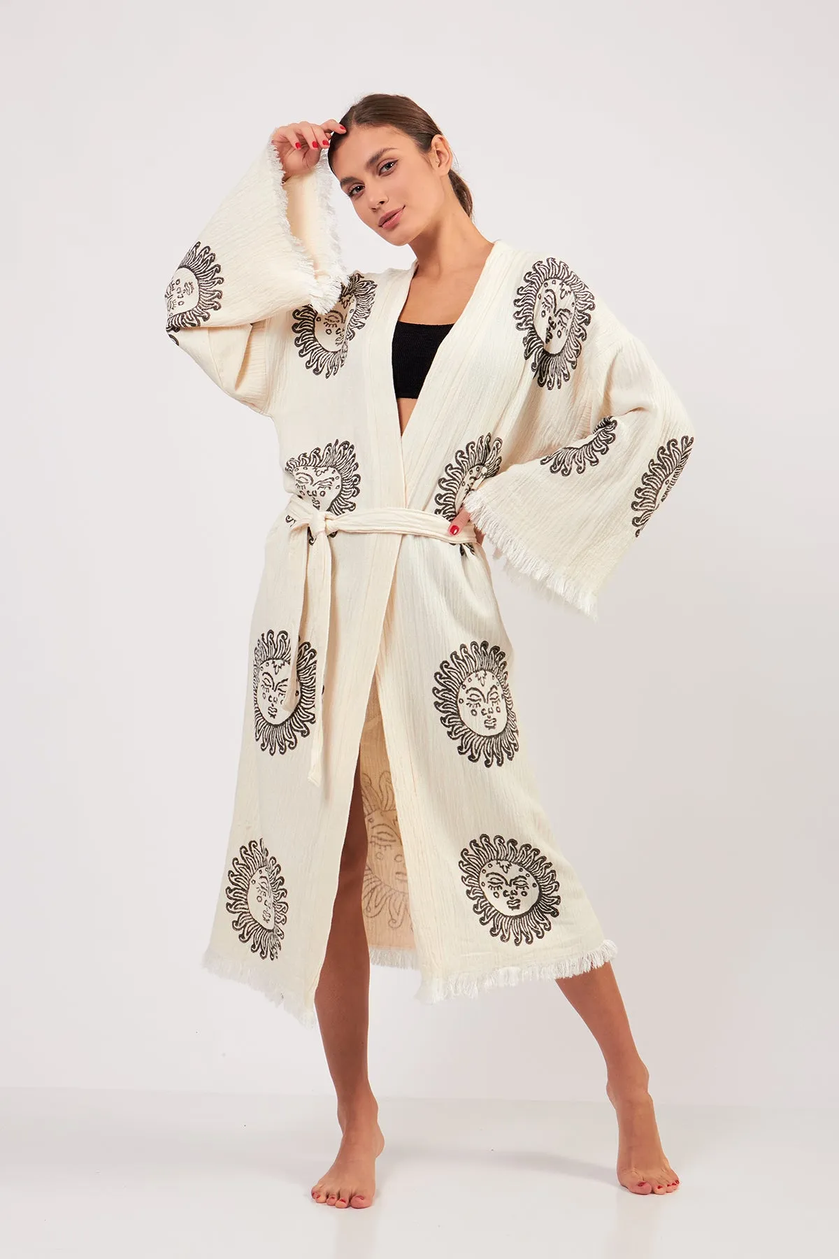 Turkish Towel Kimono Bathrobe Sun Design Black on Ecru