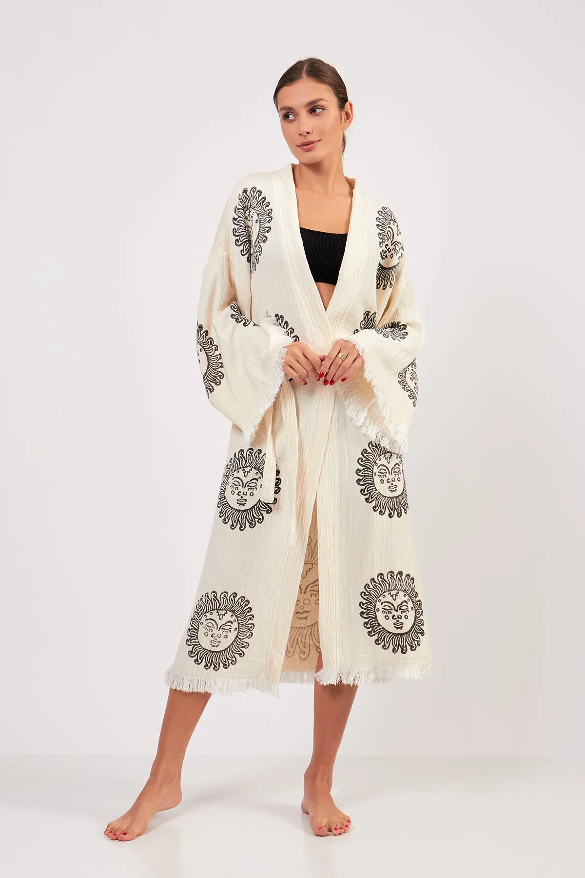 Turkish Towel Kimono Bathrobe Sun Design Black on Ecru