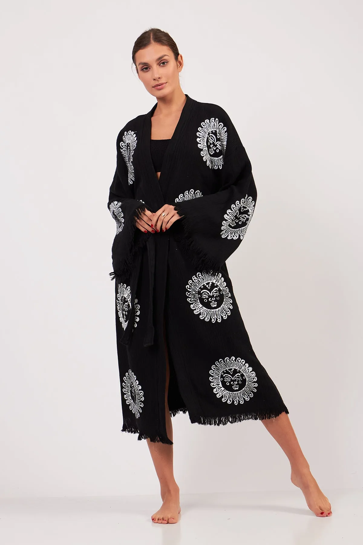 Turkish Towel Kimono Bathrobe Sun Design Black