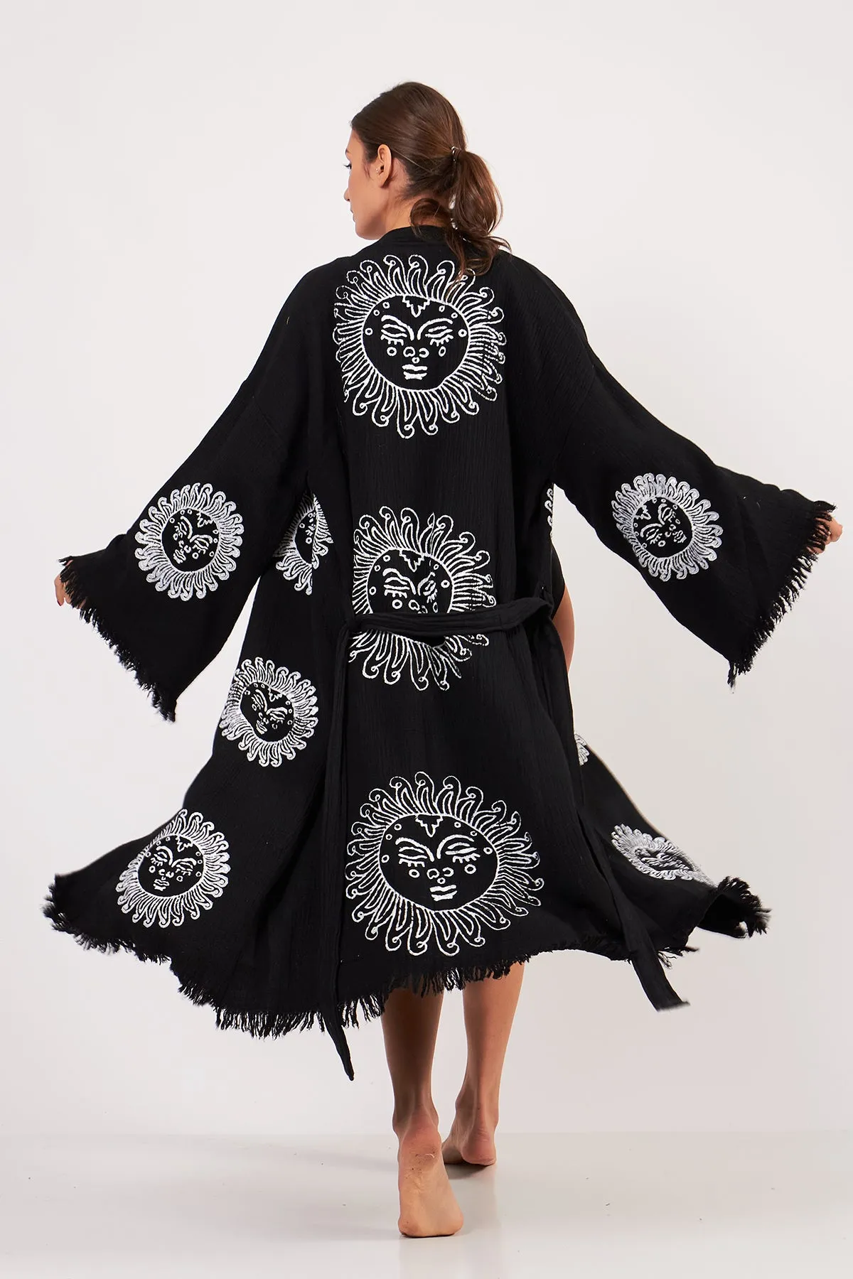 Turkish Towel Kimono Bathrobe Sun Design Black