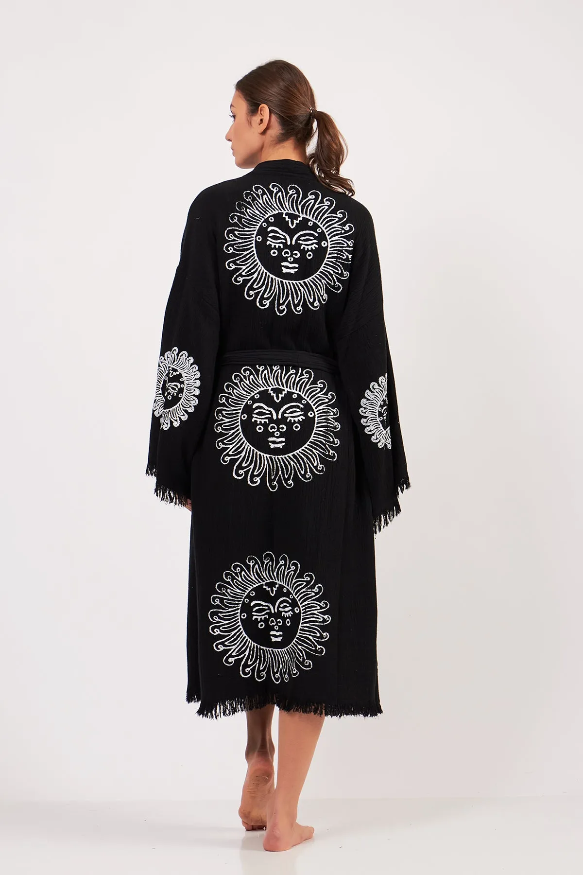 Turkish Towel Kimono Bathrobe Sun Design Black