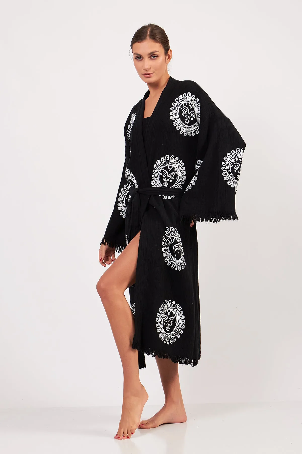 Turkish Towel Kimono Bathrobe Sun Design Black