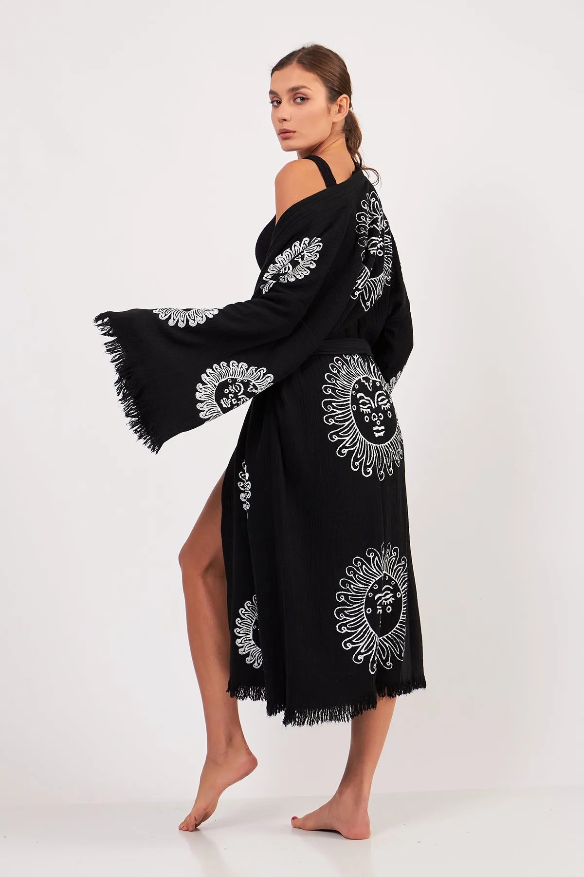 Turkish Towel Kimono Bathrobe Sun Design Black