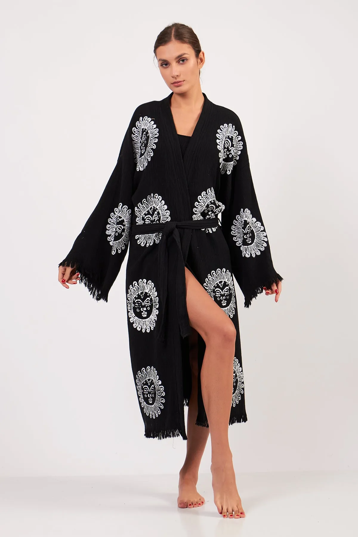 Turkish Towel Kimono Bathrobe Sun Design Black