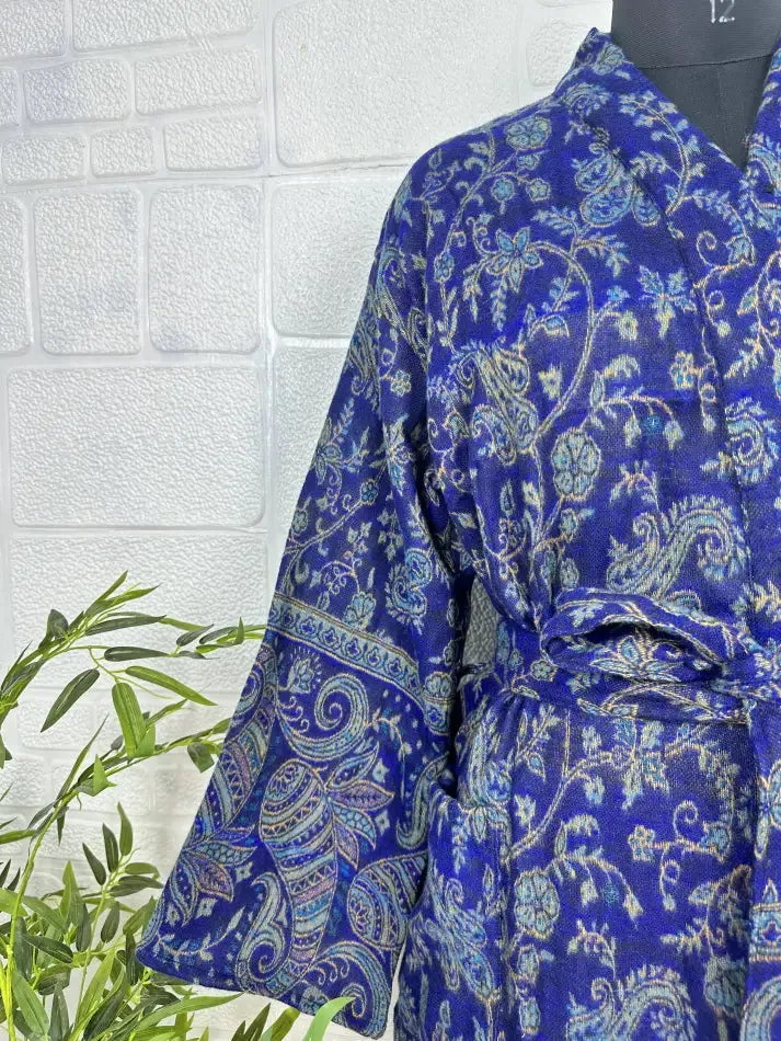 Unisex Yak Wool Blend Geometric Diamonds Kimono/Robe | Luxurious Blue Beige Teal Urban Floral Print | Warm Hygge Christmas Gift for Her & Him