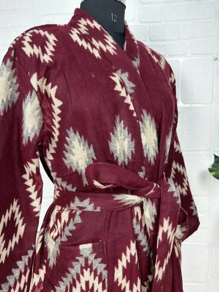 Unisex Yak Wool Blend Geometric Diamonds Kimono/Robe | Luxurious Maroon Beige Teal Urban Floral Print | Warm Hygge Christmas Gift for Her & Him