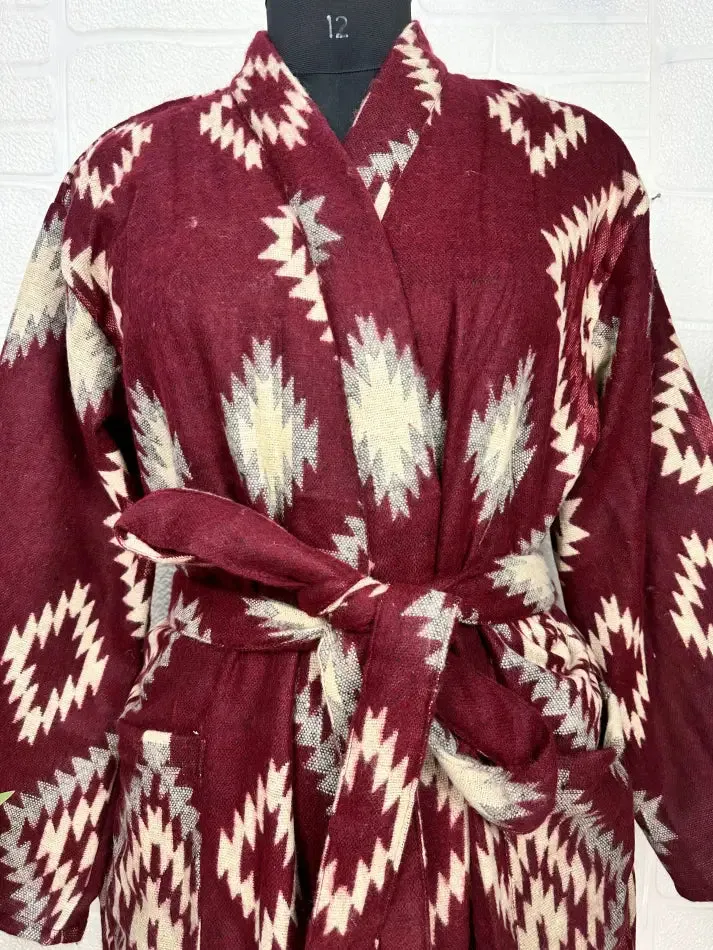 Unisex Yak Wool Blend Geometric Diamonds Kimono/Robe | Luxurious Maroon Beige Teal Urban Floral Print | Warm Hygge Christmas Gift for Her & Him