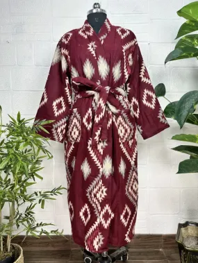 Unisex Yak Wool Blend Geometric Diamonds Kimono/Robe | Luxurious Maroon Beige Teal Urban Floral Print | Warm Hygge Christmas Gift for Her & Him