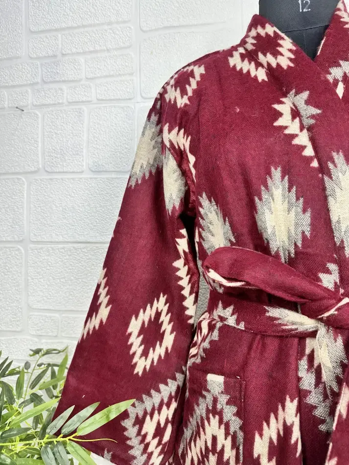 Unisex Yak Wool Blend Geometric Diamonds Kimono/Robe | Luxurious Maroon Beige Teal Urban Floral Print | Warm Hygge Christmas Gift for Her & Him