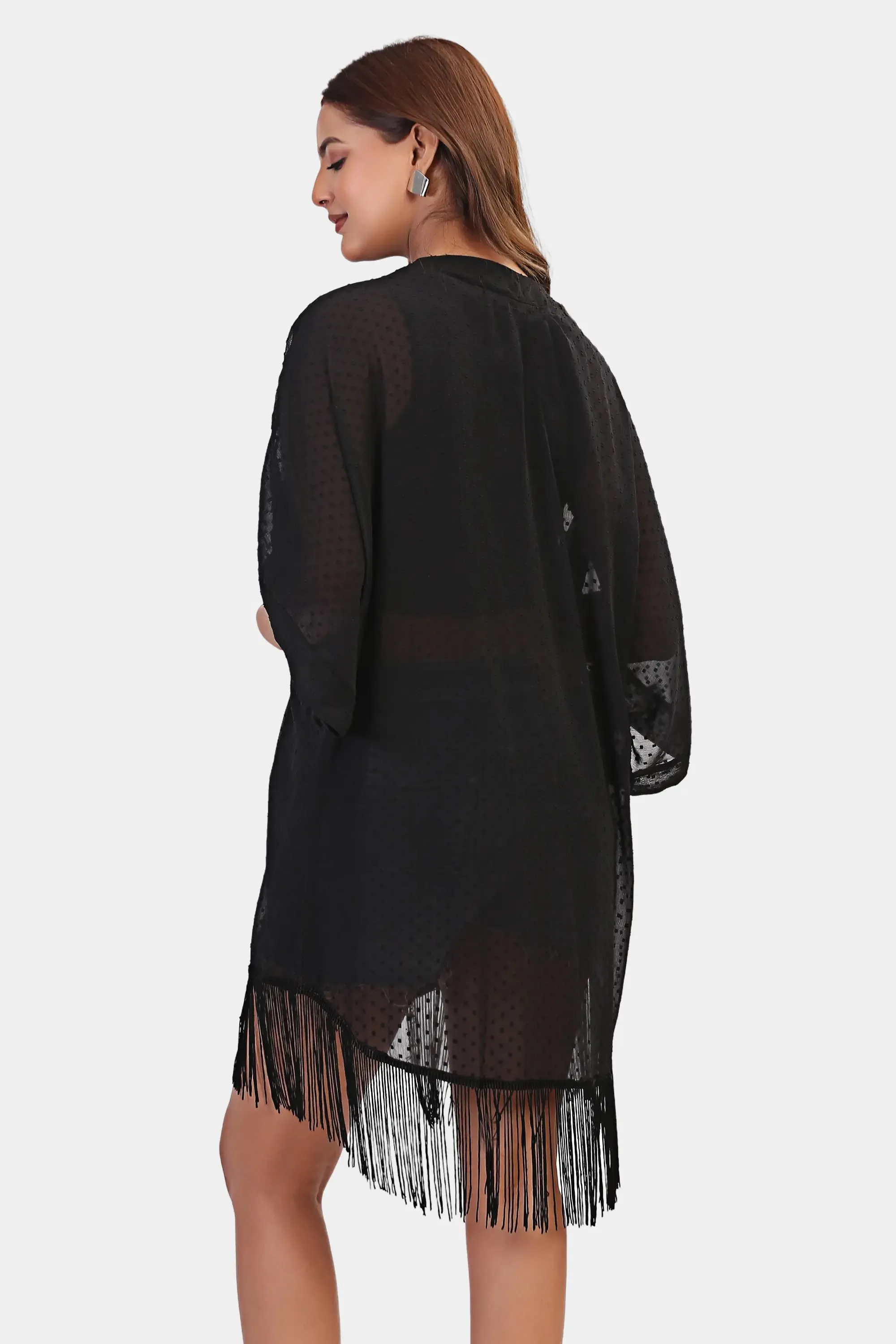 Vacation Swiss dot Fringed kimono cover up