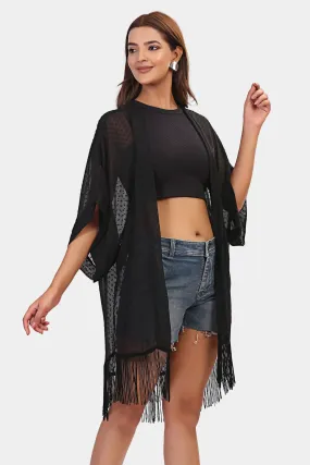 Vacation Swiss dot Fringed kimono cover up