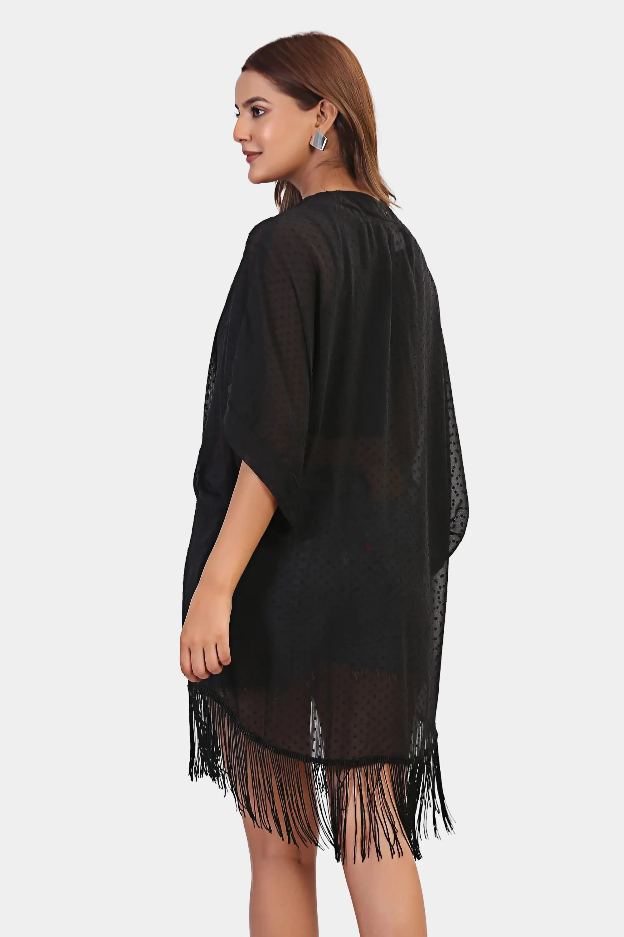 Vacation Swiss dot Fringed kimono cover up