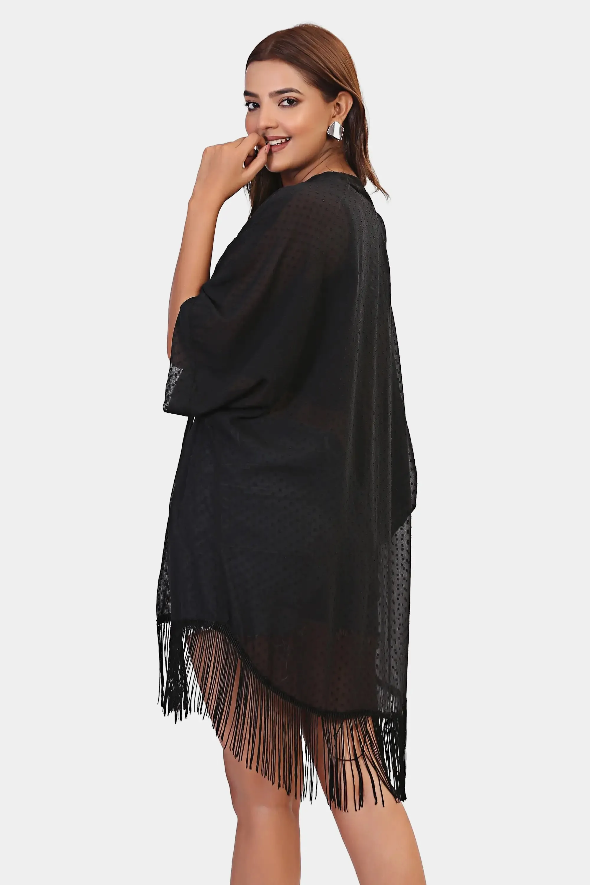 Vacation Swiss dot Fringed kimono cover up