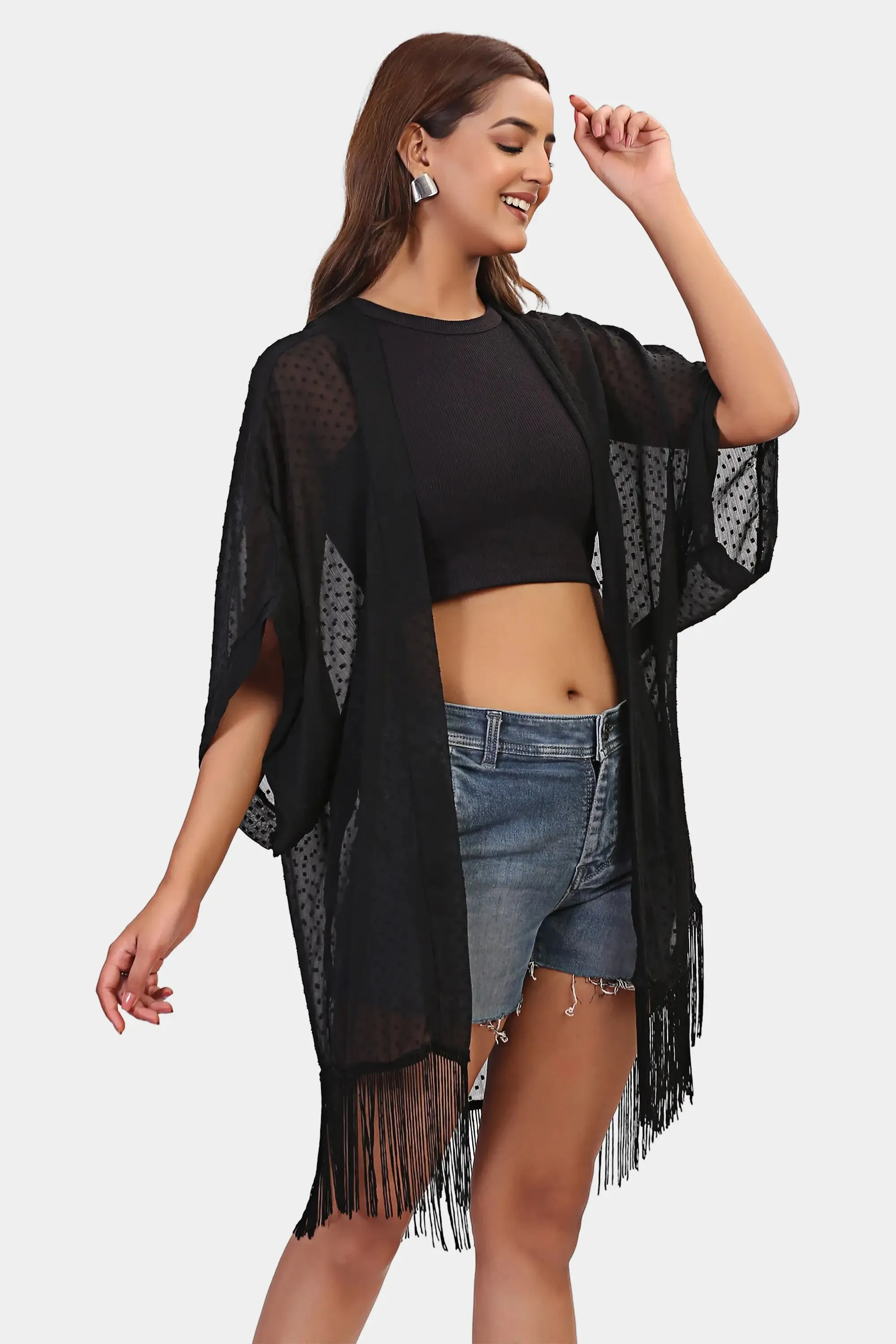 Vacation Swiss dot Fringed kimono cover up