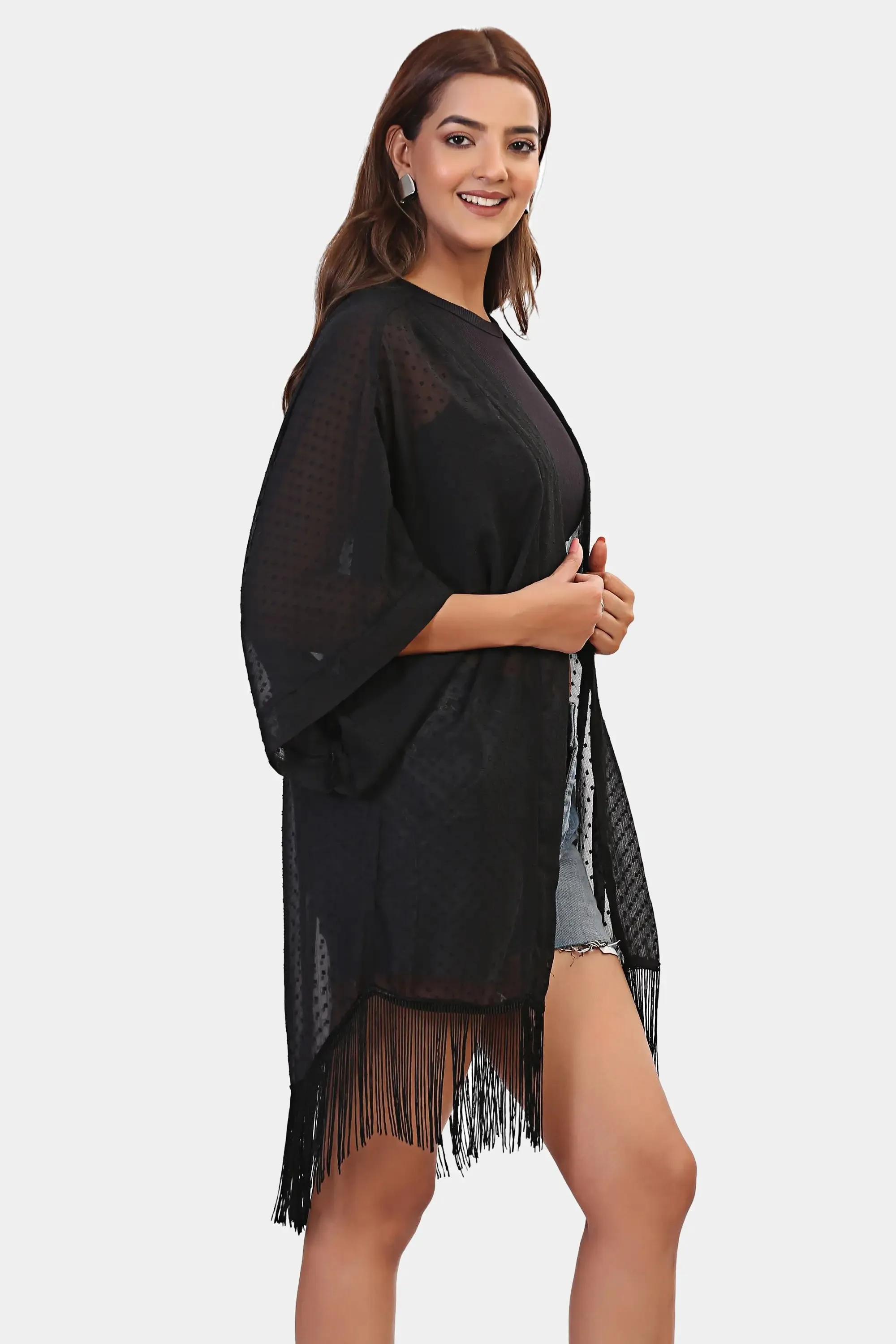 Vacation Swiss dot Fringed kimono cover up