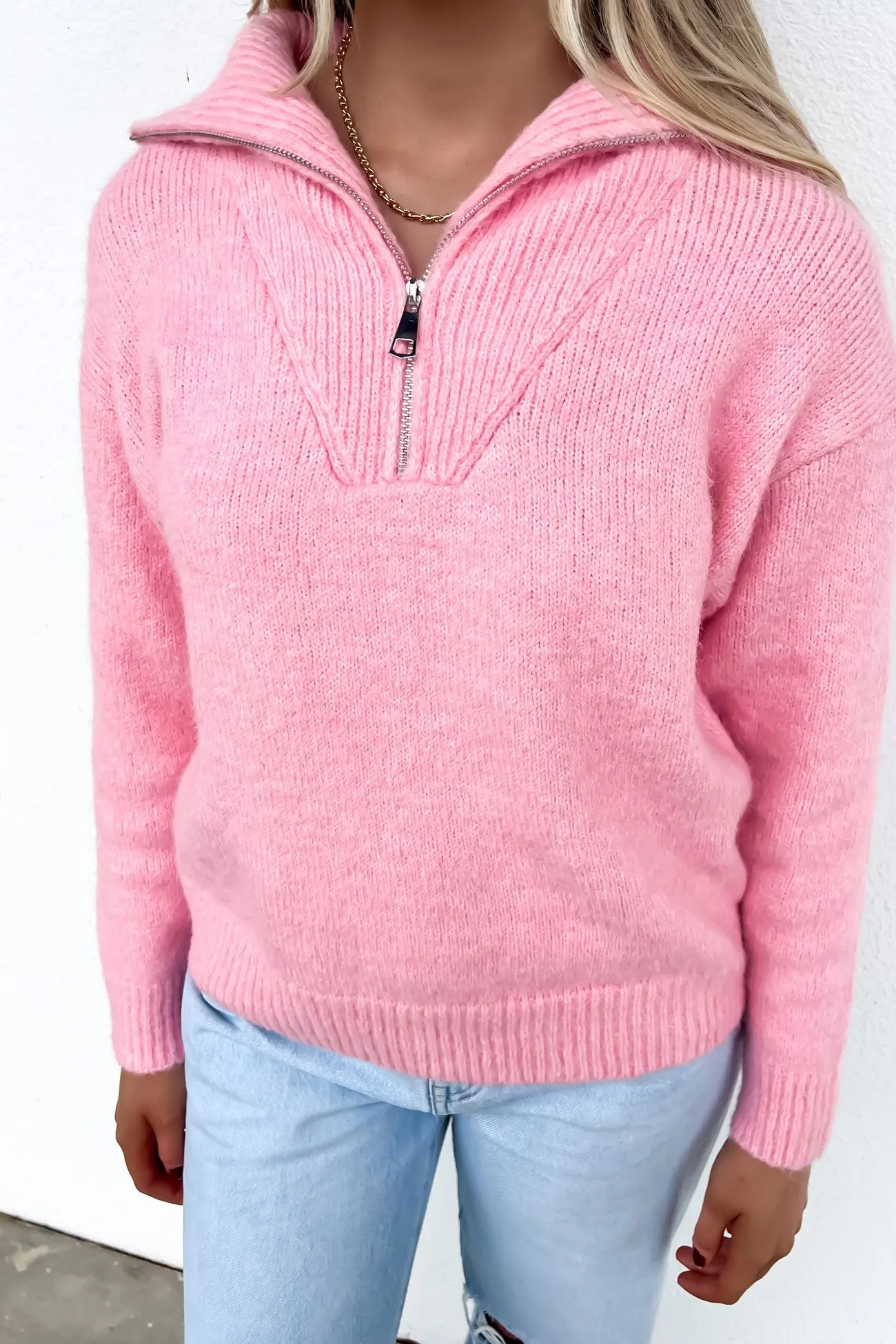 Victoria 1/4 Zip Knit Jumper Pink