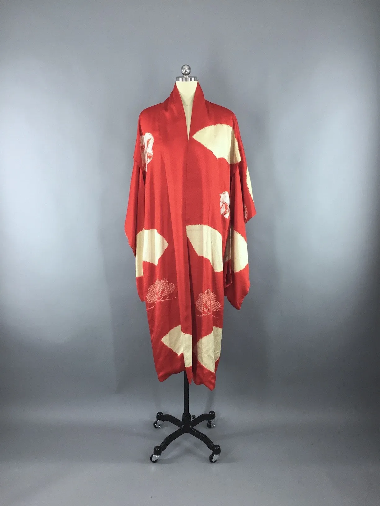 Vintage 1920s Silk Kimono Robe / Red Satin Fans Floral Tie Dye Shibori