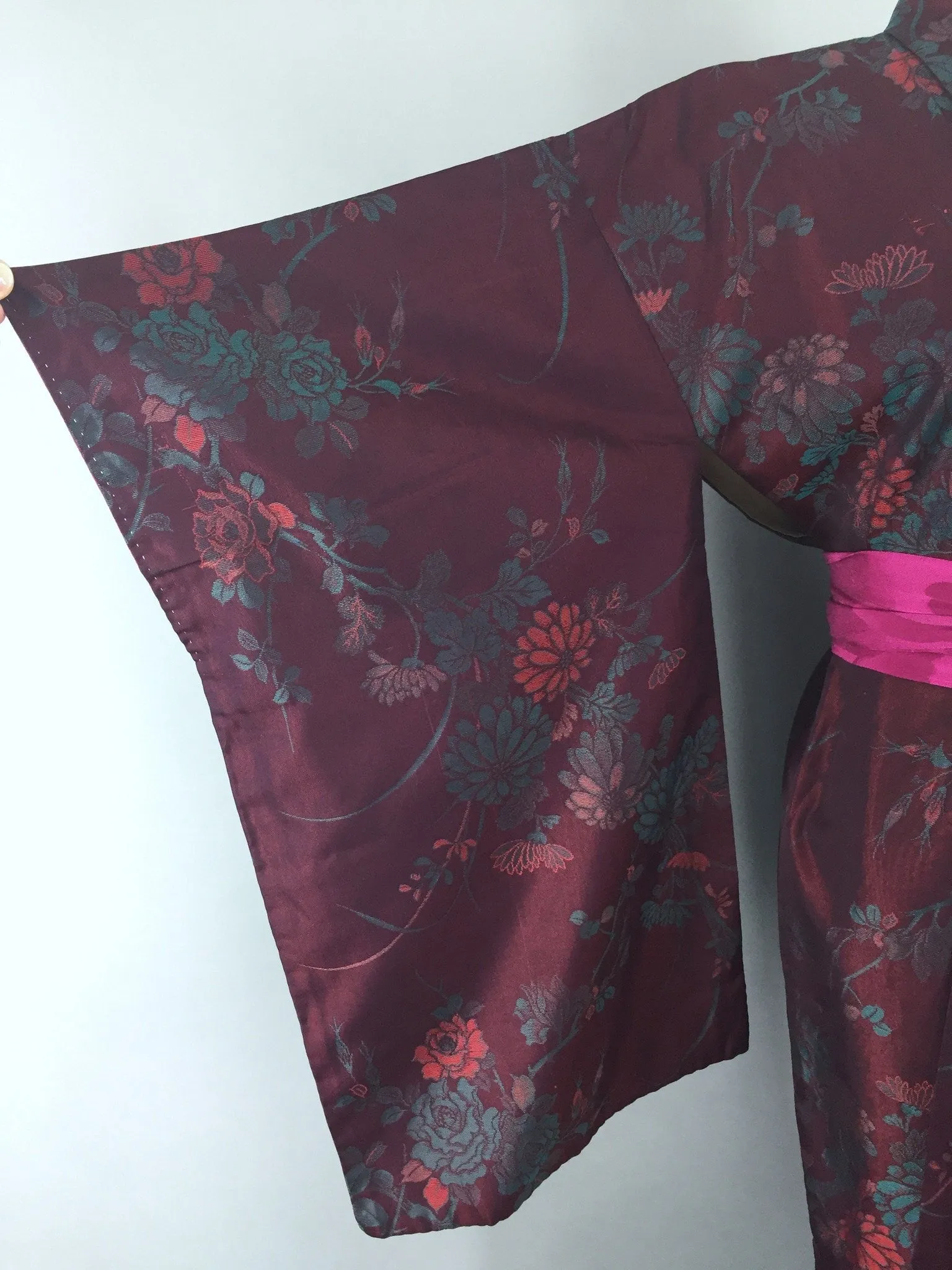 Vintage 1930s Silk Kimono Robe / Omeshi Embroidery Maroon & Teal Floral