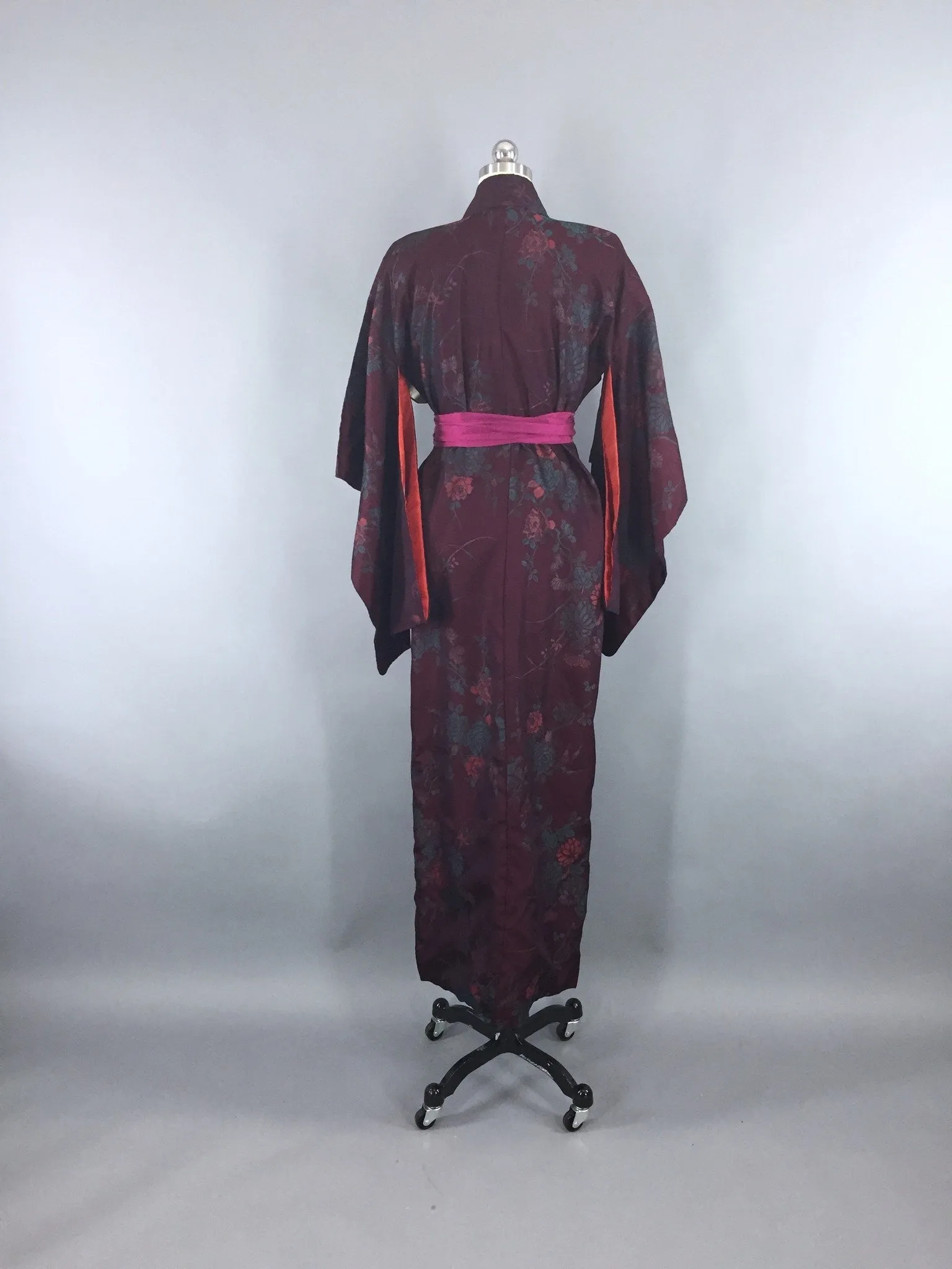 Vintage 1930s Silk Kimono Robe / Omeshi Embroidery Maroon & Teal Floral