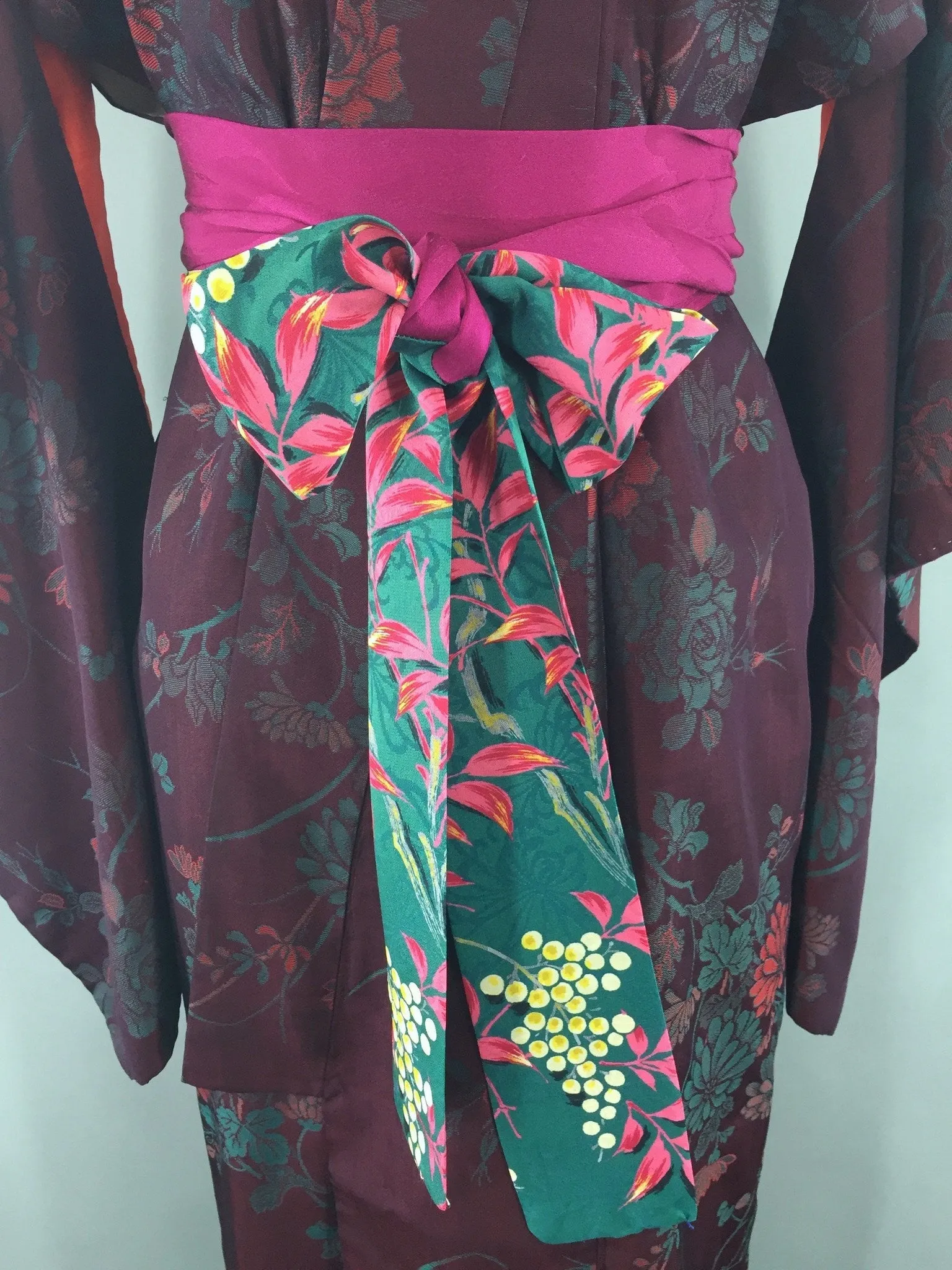 Vintage 1930s Silk Kimono Robe / Omeshi Embroidery Maroon & Teal Floral