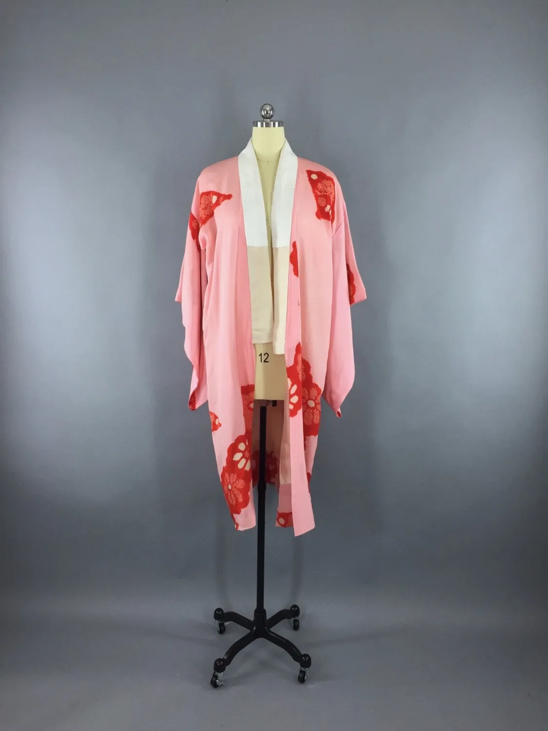 Vintage 1930s Silk Kimono Robe / Pink and Red Shibori Dyed Silk