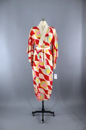 Vintage 1930s Silk Kimono Robe / Red Pink Floral Waves