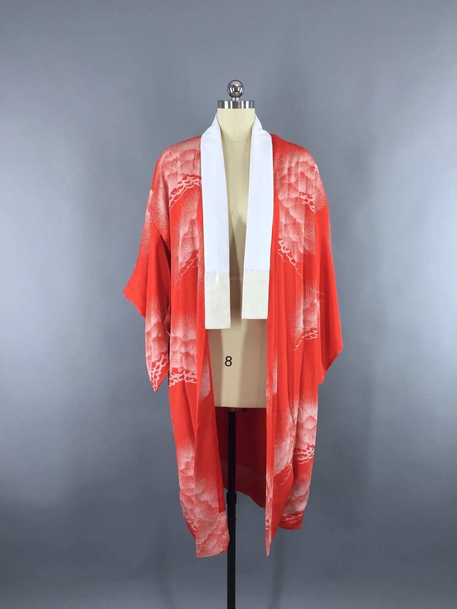 Vintage 1940s Silk Kimono Robe / Red Mimosa Floral Print