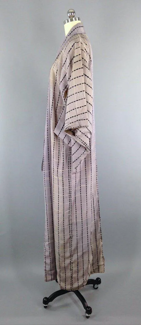 Vintage 1950s Silk Kimono Robe / Grey Art Deco