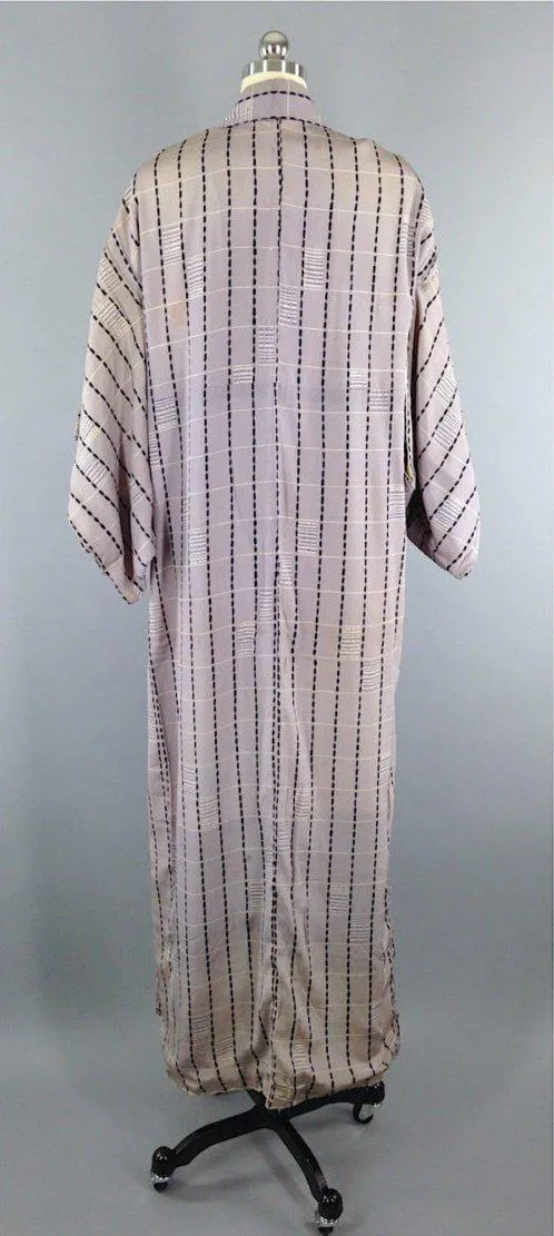 Vintage 1950s Silk Kimono Robe / Grey Art Deco