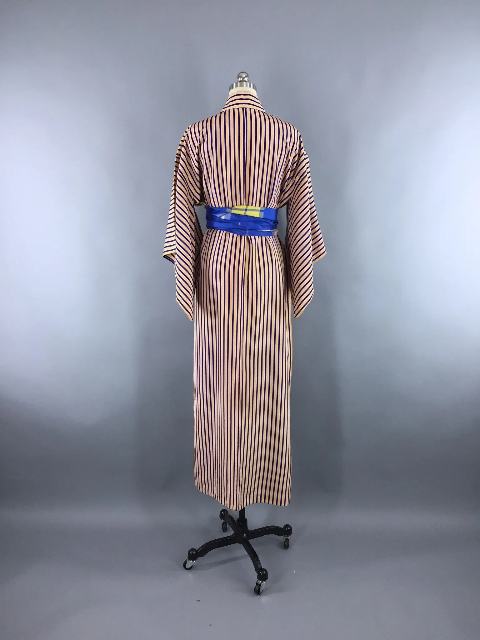 Vintage 1970s Vintage Kimono Robe / Yellow and Blue Stripes