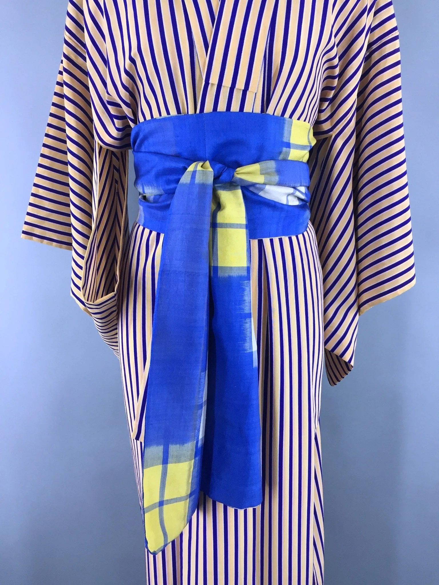 Vintage 1970s Vintage Kimono Robe / Yellow and Blue Stripes